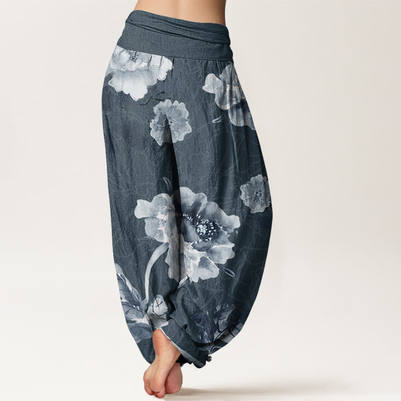 Buddha Stones Folwers With Leaves Pattern Women's Elastic Waist Harem Pants