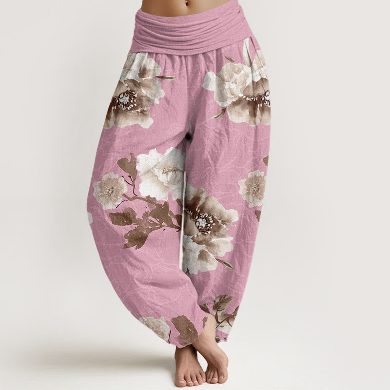 Buddha Stones Folwers With Leaves Pattern Women's Elastic Waist Harem Pants