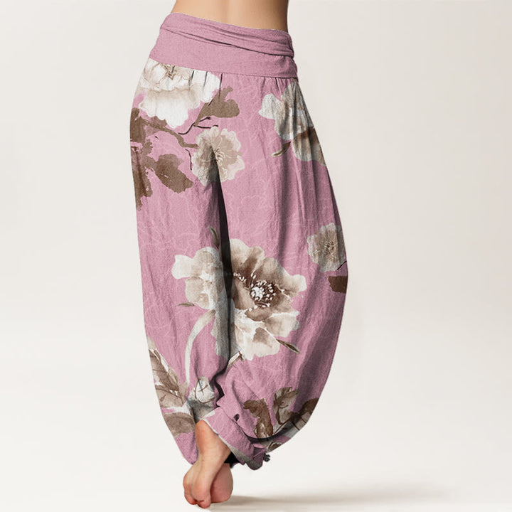 Buddha Stones Folwers With Leaves Pattern Women's Elastic Waist Harem Pants