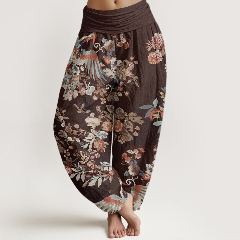 Buddha Stones Colorful Flowers Birds Leaves Pattern Women's Elastic Waist Harem Pants