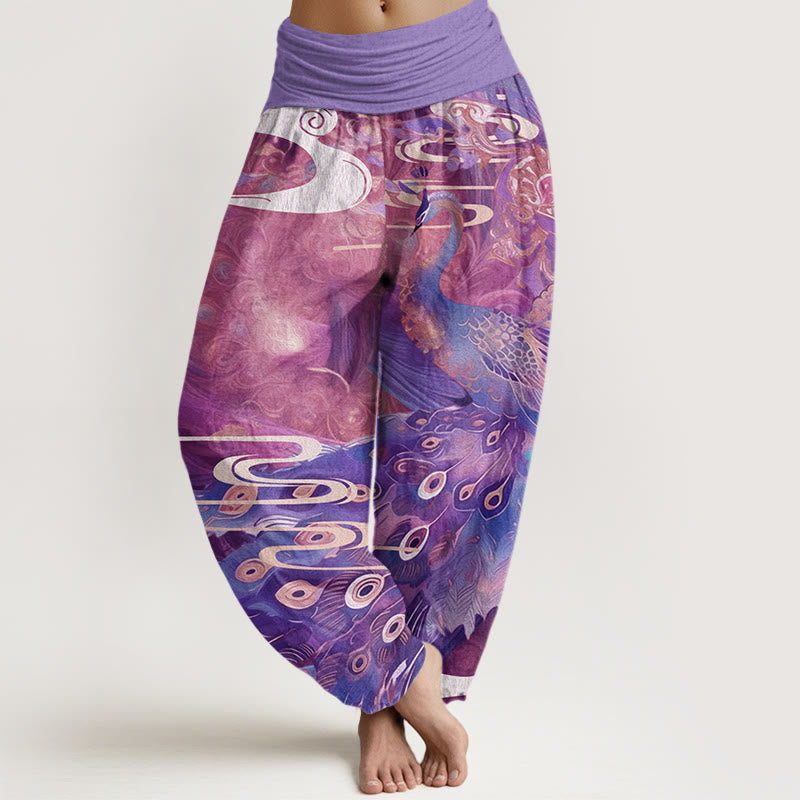 Buddha Stones Vibrant Peacock Auspicious Clouds Pattern Women's Elastic Waist Harem Pants