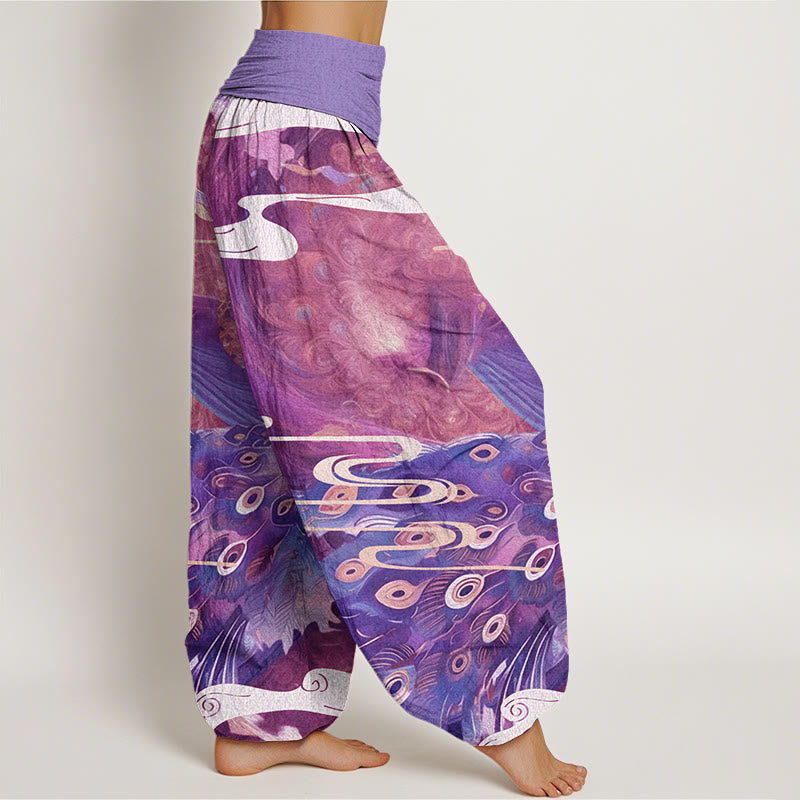 Buddha Stones Vibrant Peacock Auspicious Clouds Pattern Women's Elastic Waist Harem Pants