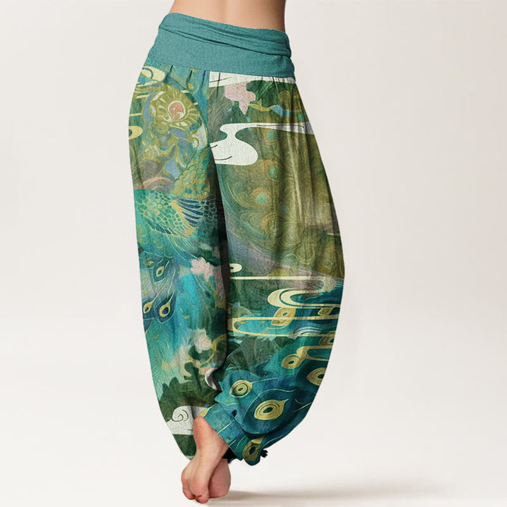 Buddha Stones Vibrant Peacock Auspicious Clouds Pattern Women's Elastic Waist Harem Pants