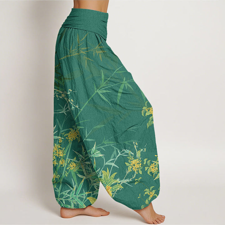 Buddha Stones Blooming Flowers Bamboo Pattern Women's Elastic Waist Harem Pants