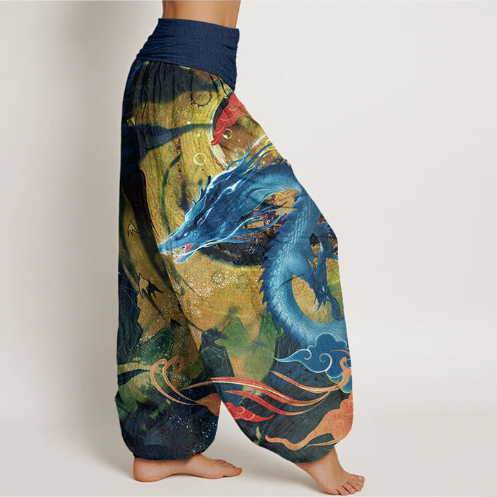 Buddha Stones Dragon Auspicious Clouds Pattern Women's Elastic Waist Harem Pants