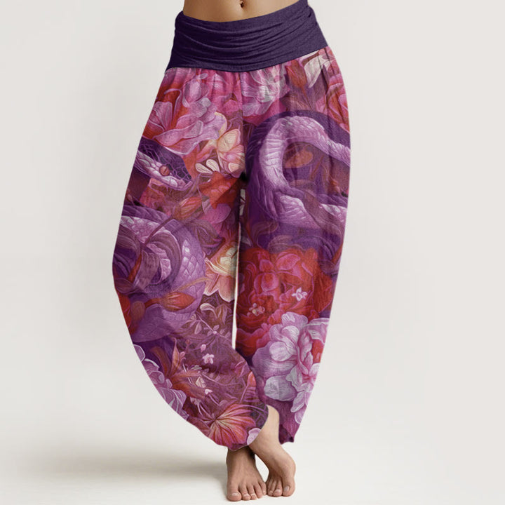 Buddha Stones Snake Peony Flowers Leaf Pattern Women's Elastic Waist Harem Pants