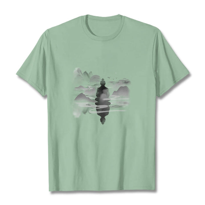 Buddha Stones Meditating Buddha Sitting In Mountains Pattern Cotton Tee T-shirt