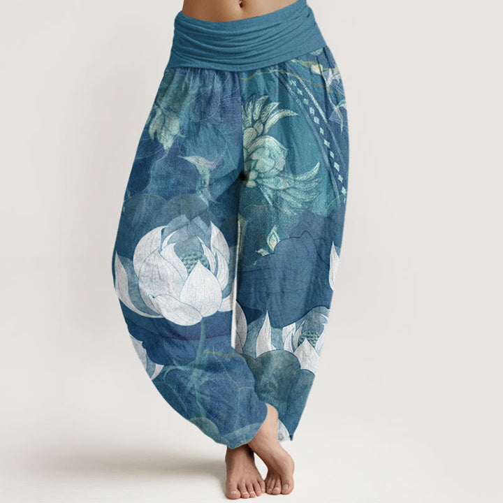 Buddha Stones White Lotus Leaves Pattern Casual Women's Elastic Waist Harem Pants