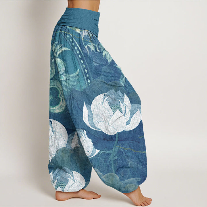 Buddha Stones White Lotus Leaves Pattern Casual Women's Elastic Waist Harem Pants