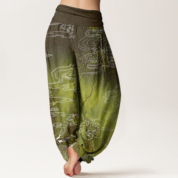 Buddha Stones White Auspicious Clouds Birds Tree Pattern Women's Elastic Waist Harem Pants