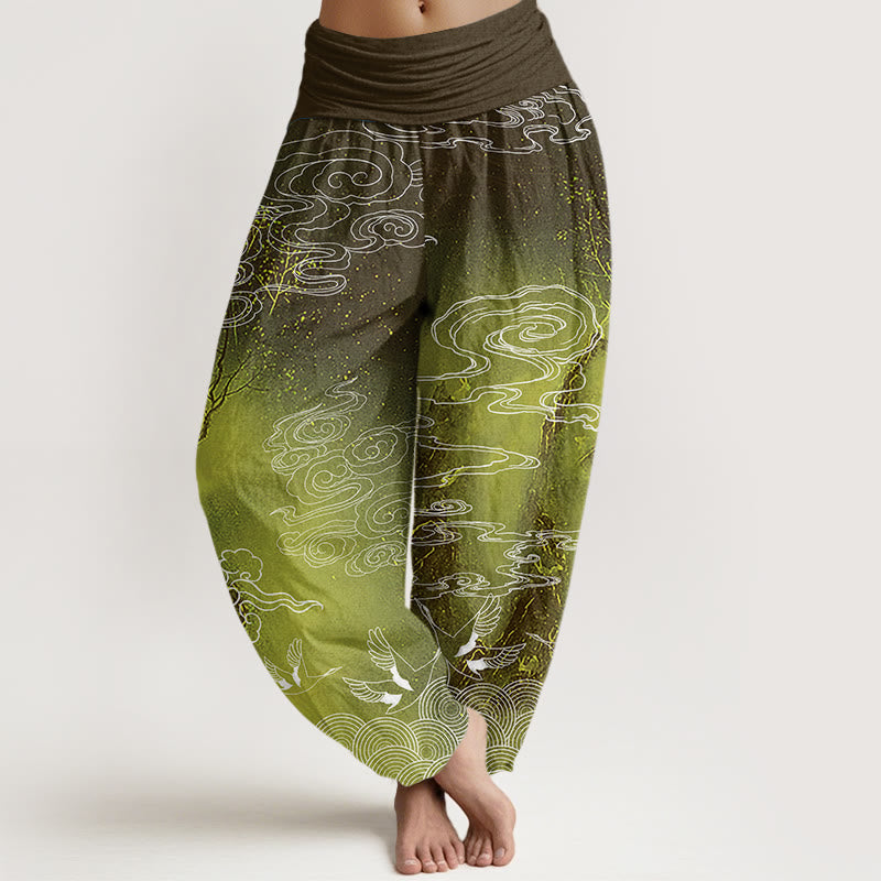 Buddha Stones White Auspicious Clouds Birds Tree Pattern Women's Elastic Waist Harem Pants - YellowGreen - US22，UK/AU26，EU54 (6XL) - image 8