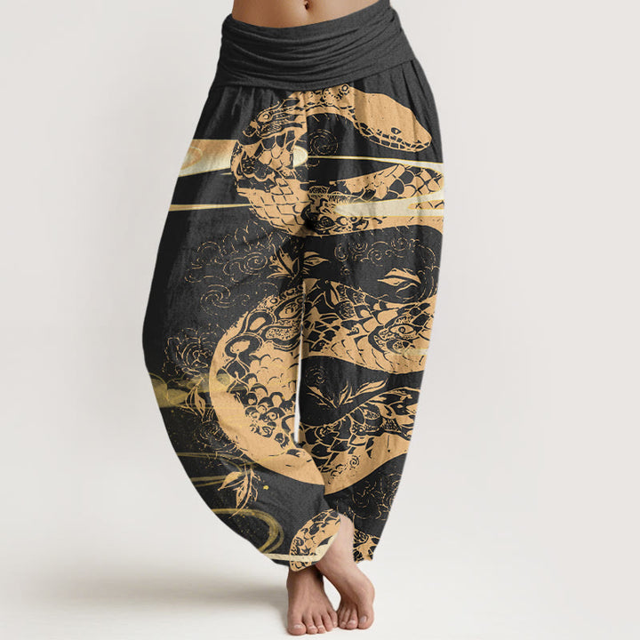 Buddha Stones Cotton Auspicious Clouds With Snake Pattern Women's Elastic Waist Harem Pants - Black - US22，UK/AU26，EU54 (6XL) - image 0