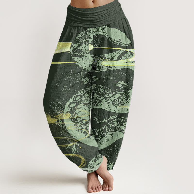 Buddha Stones Cotton Auspicious Clouds With Snake Pattern Women's Elastic Waist Harem Pants - ForestGreen - US22，UK/AU26，EU54 (6XL) - image 4