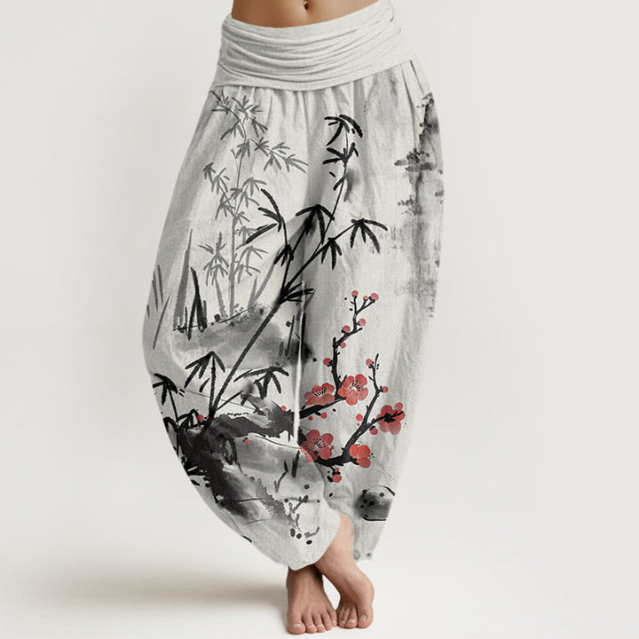 Buddha Stones Cotton Plum Blossoms Bamboo Orchids Chrysanthemums Pattern Women's Elastic Waist Harem Pants - LightGrey - US22，UK/AU26，EU54 (6XL) - image 0