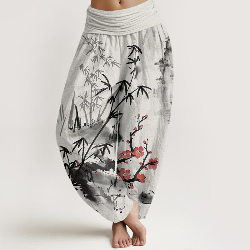 Buddha Stones Plum Blossoms Bamboo Orchids Chrysanthemums Pattern Women's Elastic Waist Harem Pants