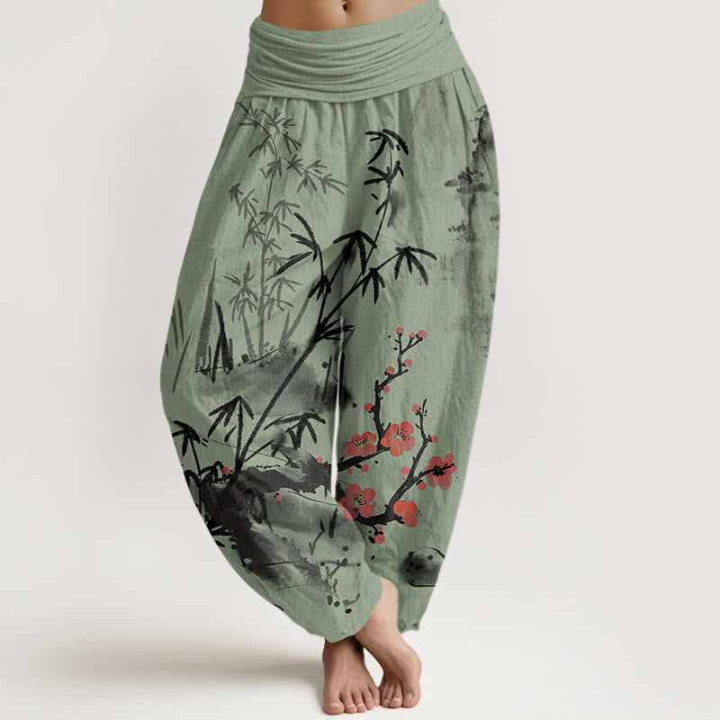 Buddha Stones Cotton Plum Blossoms Bamboo Orchids Chrysanthemums Pattern Women's Elastic Waist Harem Pants - LightGreen - US22，UK/AU26，EU54 (6XL) - image 4