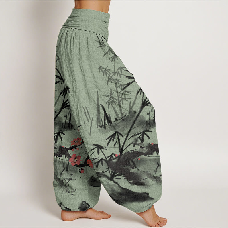 Buddha Stones Plum Blossoms Bamboo Orchids Chrysanthemums Pattern Women's Elastic Waist Harem Pants