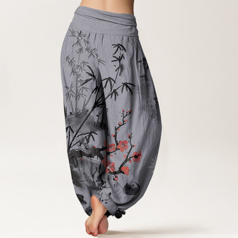 Buddha Stones Plum Blossoms Bamboo Orchids Chrysanthemums Pattern Women's Elastic Waist Harem Pants