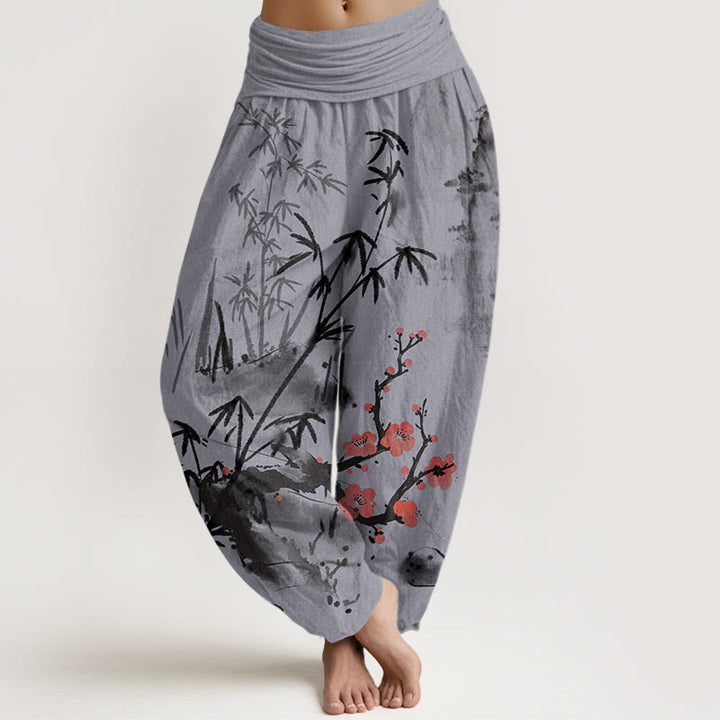 Buddha Stones Plum Blossoms Bamboo Orchids Chrysanthemums Pattern Women's Elastic Waist Harem Pants