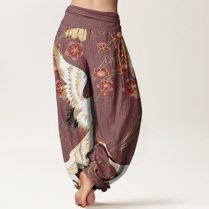 Buddha Stones Cranes Flowers Auspicious Clouds pattern Women's Elastic Waist Harem Pants - image 7