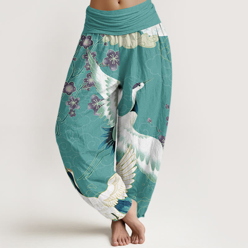 Buddha Stones Cotton Cranes Flowers Auspicious Clouds pattern Women's Elastic Waist Harem Pants - Turquoise - US22，UK/AU26，EU54 (6XL) - image 7