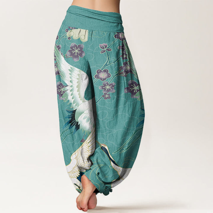 Buddha Stones Cotton Cranes Flowers Auspicious Clouds pattern Women's Elastic Waist Harem Pants - image 6