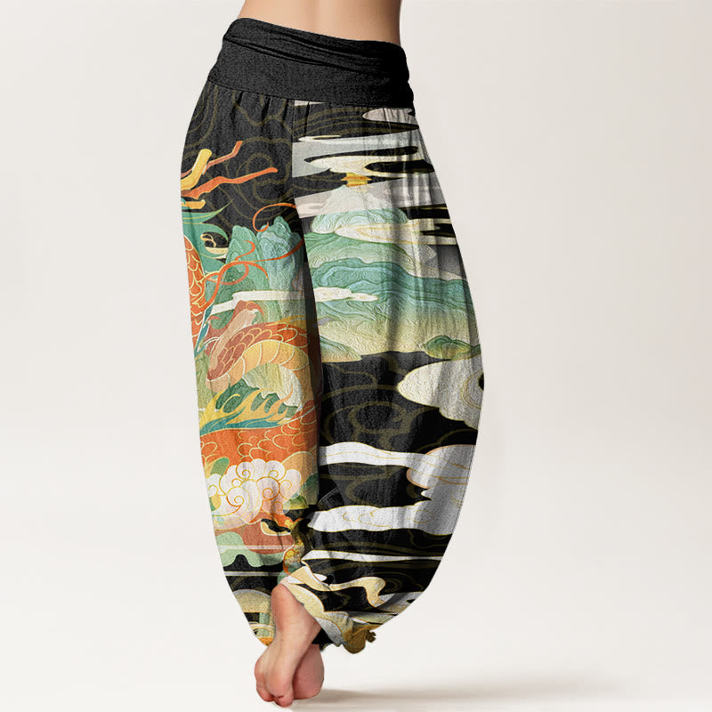 Buddha Stones Dragons Auspicious Clouds pattern Women's Elastic Waist Harem Pants