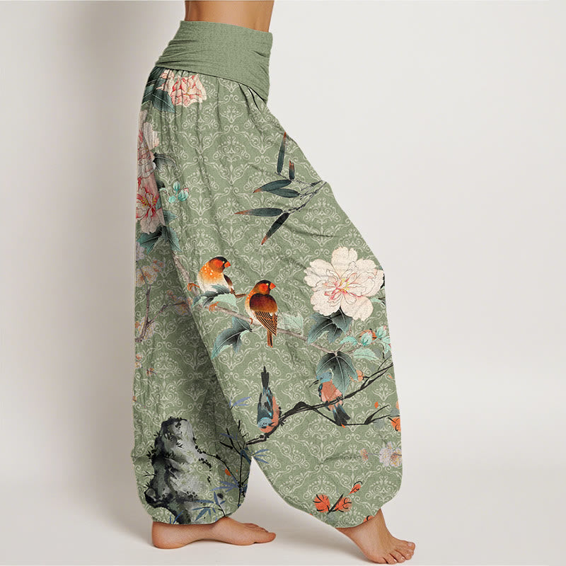 Buddha Stones Warbler Bird Blooming Flower Branches Mandala Pattern Women's Elastic Waist Harem Pants