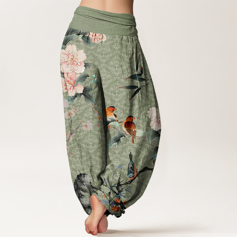 Buddha Stones Warbler Bird Blooming Flower Branches Mandala Pattern Women's Elastic Waist Harem Pants - image 2
