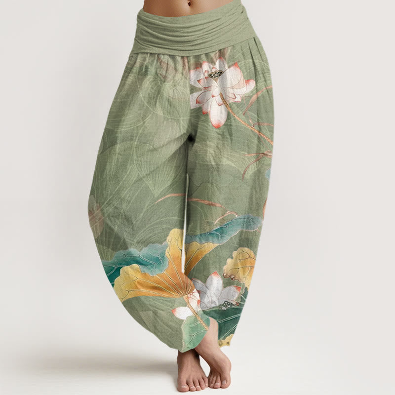 Buddha Stones Lotus Flowers Leaves Pattern Women's Elastic Waist Harem Pants