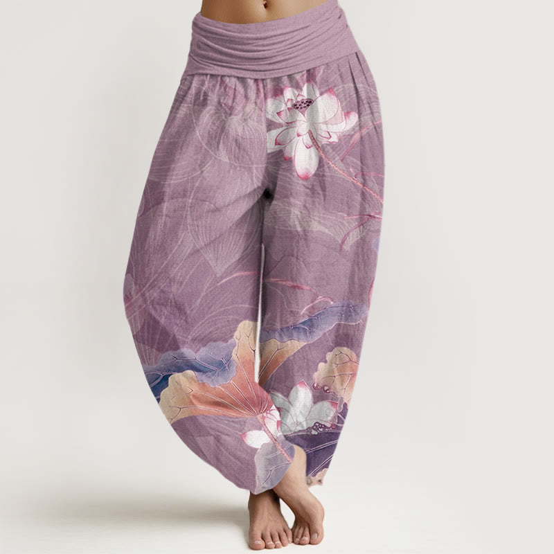 Buddha Stones Lotus Flowers Leaves Pattern Women's Elastic Waist Harem Pants