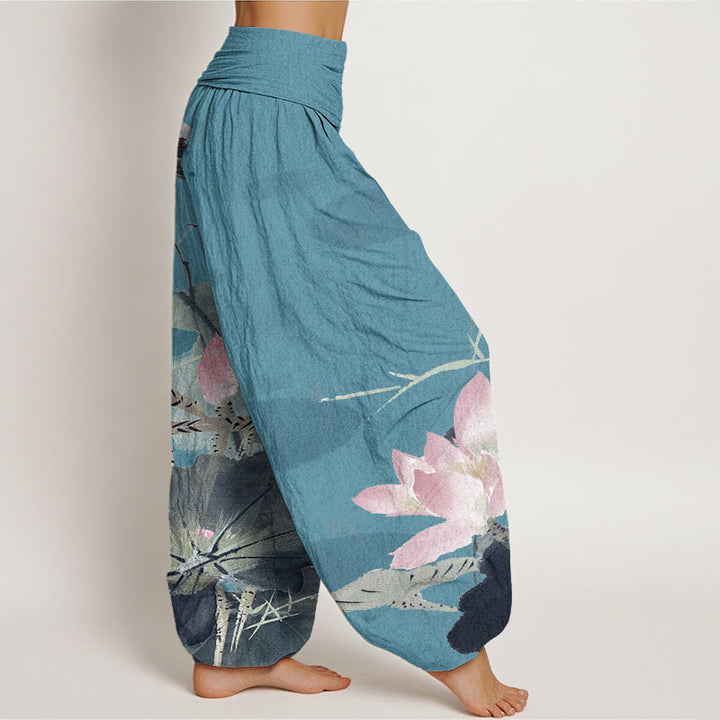 Buddha Stones Pink Lotus Leaves Bird Pattern Women's Elastic Waist Harem Pants