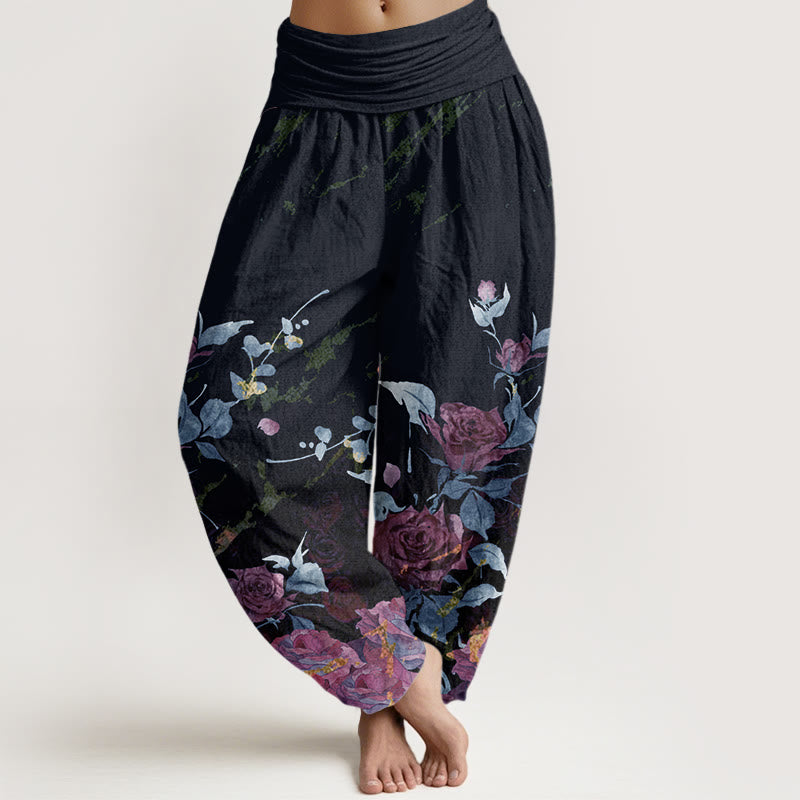 Buddha Stones Cotton Blooming Roses Pattern Women's Elastic Waist Harem Pants - DarkSlateGray - US22，UK/AU26，EU54 (6XL) - image 4
