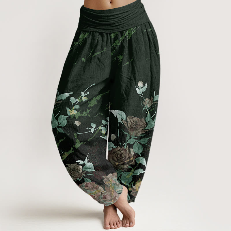 Buddha Stones Blooming Roses Pattern Women's Elastic Waist Harem Pants