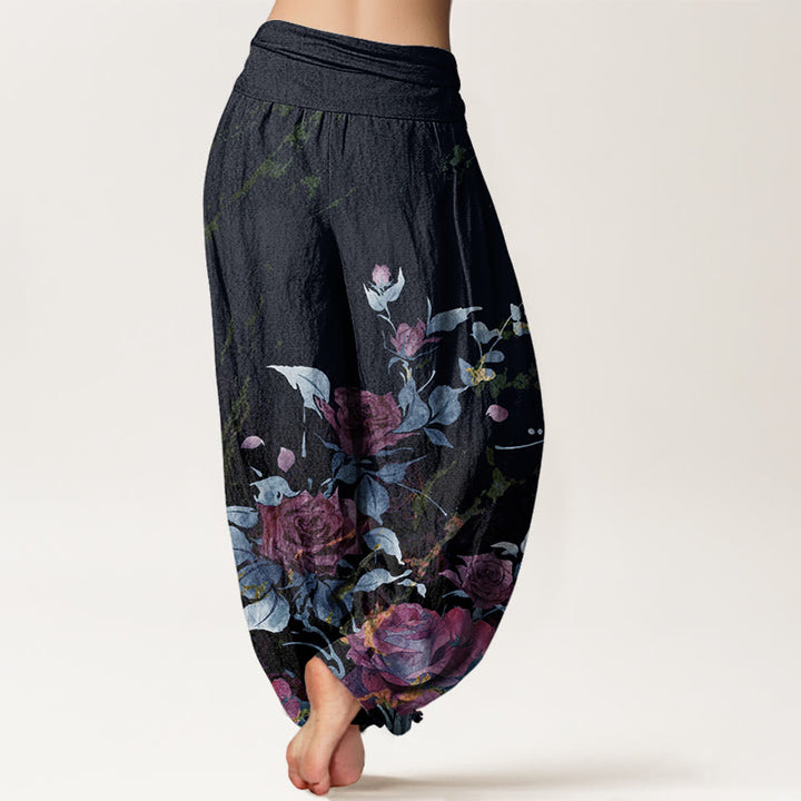 Buddha Stones Blooming Roses Pattern Women's Elastic Waist Harem Pants - image 6