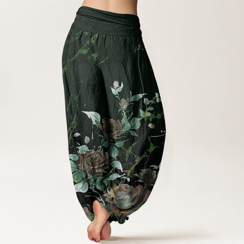 Buddha Stones Blooming Roses Pattern Women's Elastic Waist Harem Pants - image 9