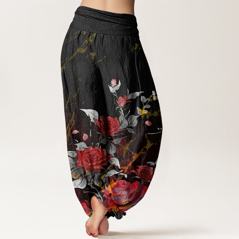 Buddha Stones Cotton Blooming Roses Pattern Women's Elastic Waist Harem Pants - image 2