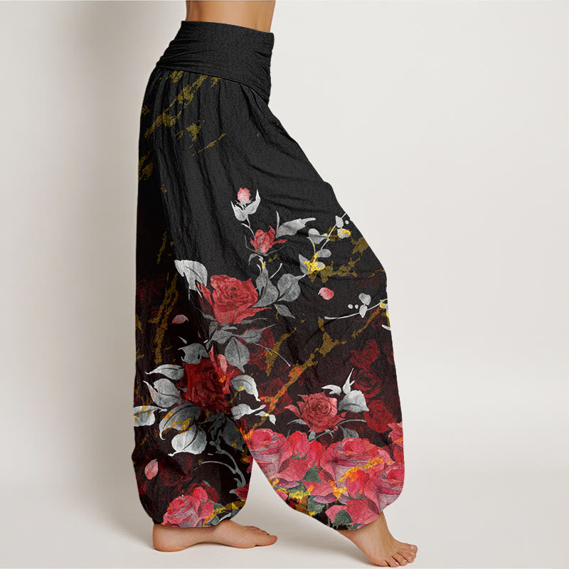Buddha Stones Cotton Blooming Roses Pattern Women's Elastic Waist Harem Pants - image 1