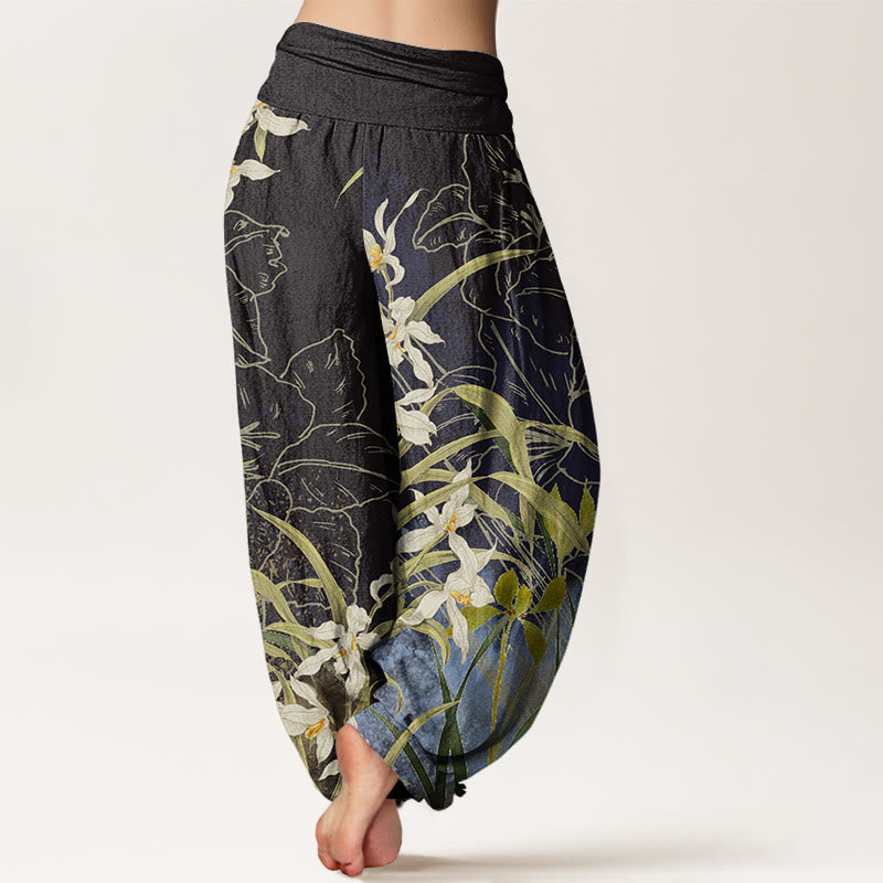 Buddha Stones White Flowers Yellow Green Leaves Grass Pattern Women's Elastic Waist Harem Pants