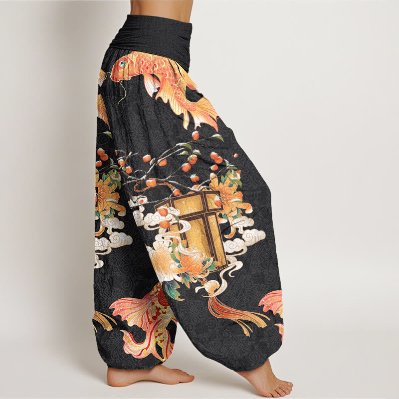 Buddha Stones Koi Fish Lanterns Chrysanthemums Fruit Trees Women's Elastic Waist Harem Pants