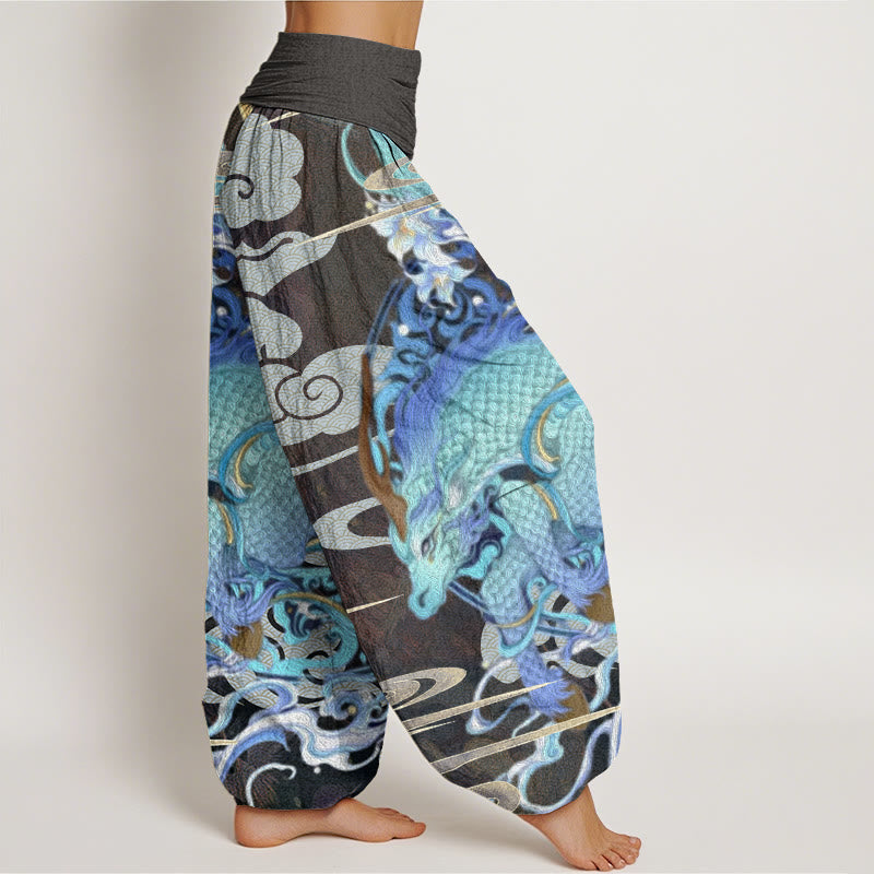 Buddha Stones Dragons Auspicious Clouds Pattern Women's Elastic Waist Harem Pants