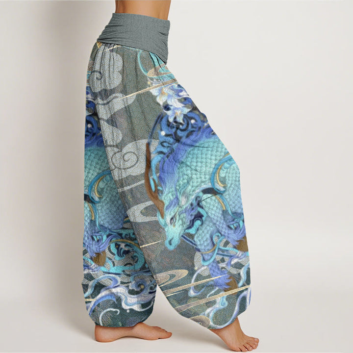 Buddha Stones Dragons Auspicious Clouds Pattern Women's Elastic Waist Harem Pants