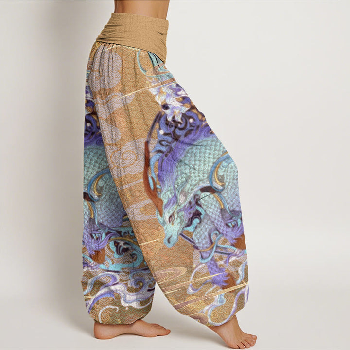 Buddha Stones Dragons Auspicious Clouds Pattern Women's Elastic Waist Harem Pants