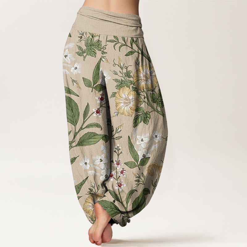 Buddha Stones Flower Plant Pattern Women's Elastic Waist Harem Pants