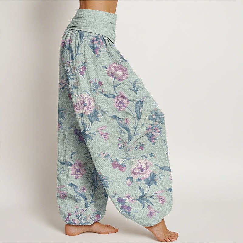 Buddha Stones Casual Pink Flowers Pattern Women's Elastic Waist Harem Pants