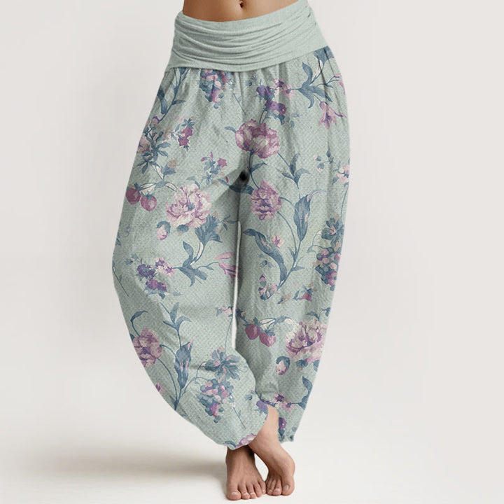 Buddha Stones Casual Pink Flowers Pattern Women's Elastic Waist Harem Pants