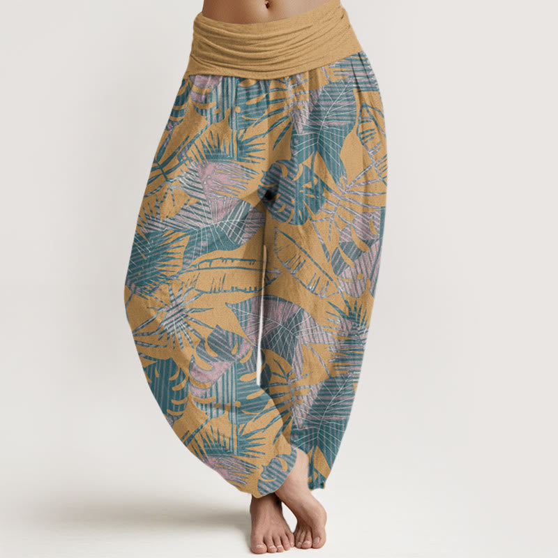 Buddha Stones Leaves Pattern Women's Elastic Waist Harem Pants