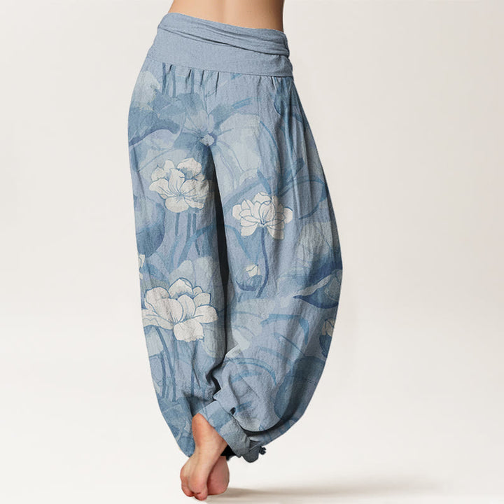 Buddha Stones Lotus Design Women's Elastic Waist Harem Pants