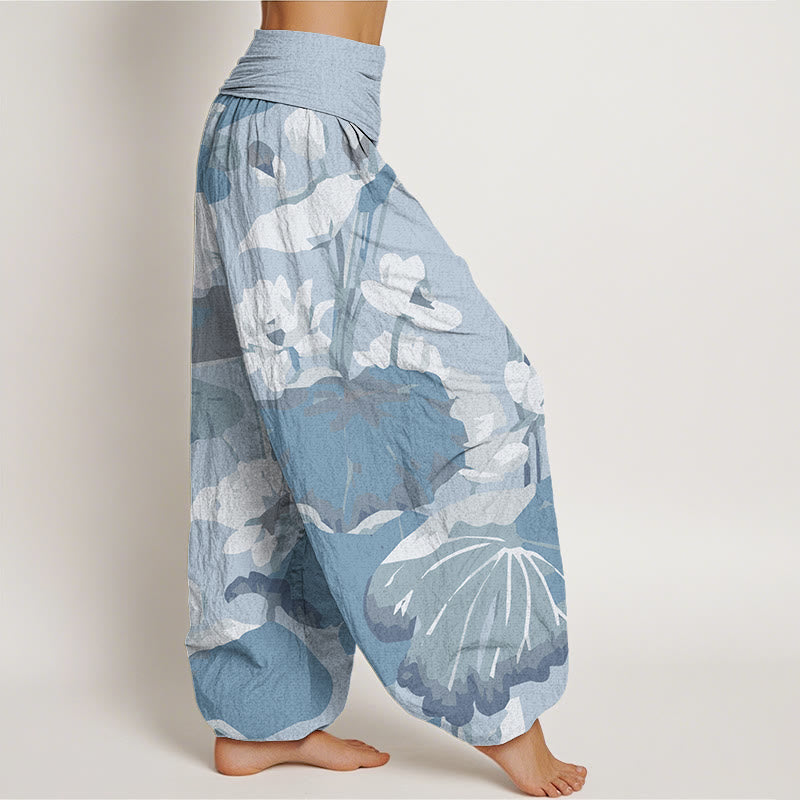 Buddha Stones Lotus Leaves Design Women's Elastic Waist Harem Pants