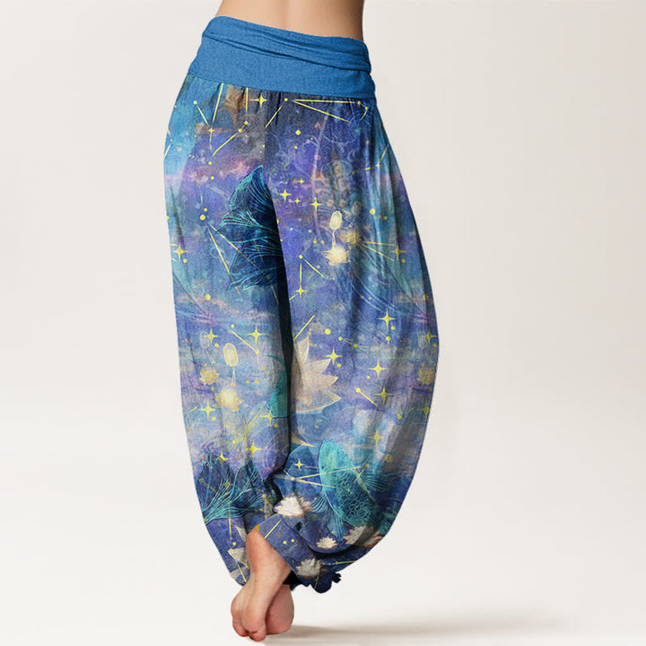 Buddha Stones Cotton Koi Fish Lotus Moon Stars Pattern Women's Elastic Waist Harem Pants - image 2